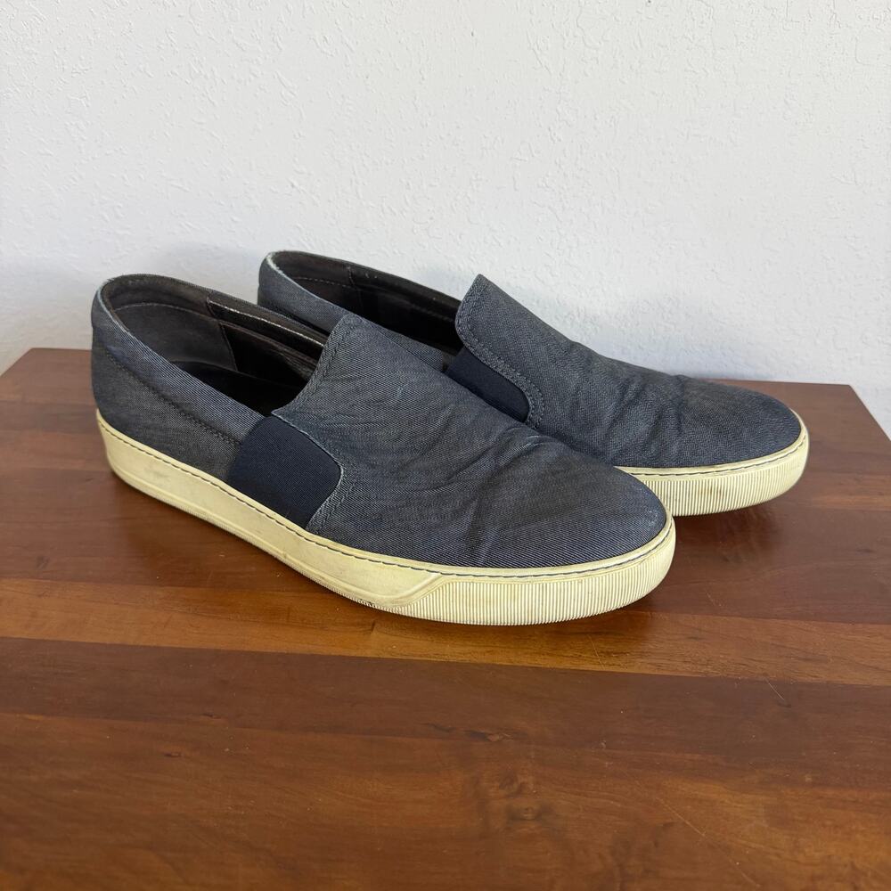 Lanvin Canvas Navy Gray Slip On Sneaker Contrasting Off White Rubber Sole Men 10